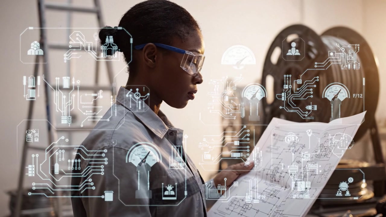 Focused Engineer Analyzing Technical Blueprint in Industrial Setting with Visualized Data Overlays Signifying Advanced Technology and Digital Integration