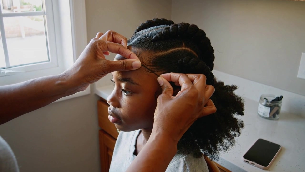 Placing adult hands smoothing child edges at home counter by window, securing headband and braid