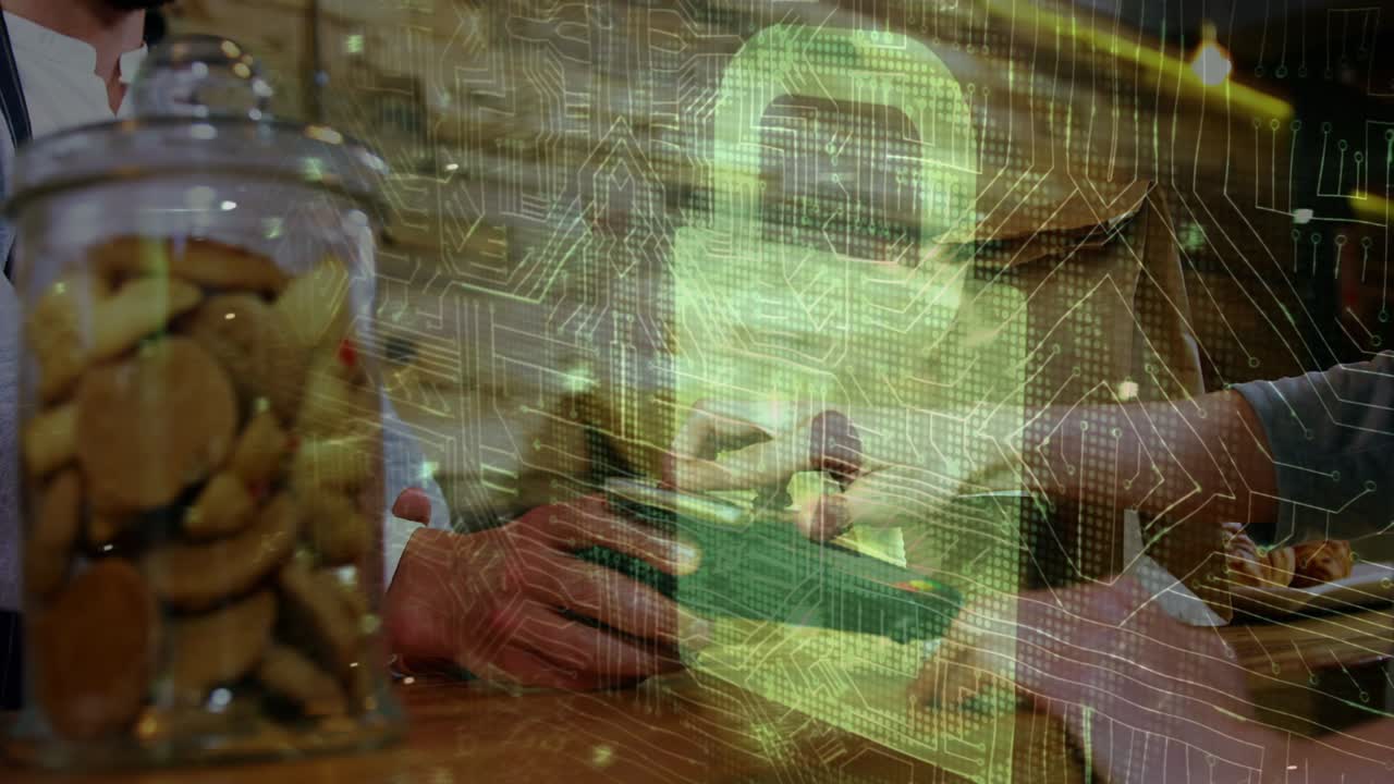animación del candado de seguridad de la red sobre las personas que utilizan el terminal de pago