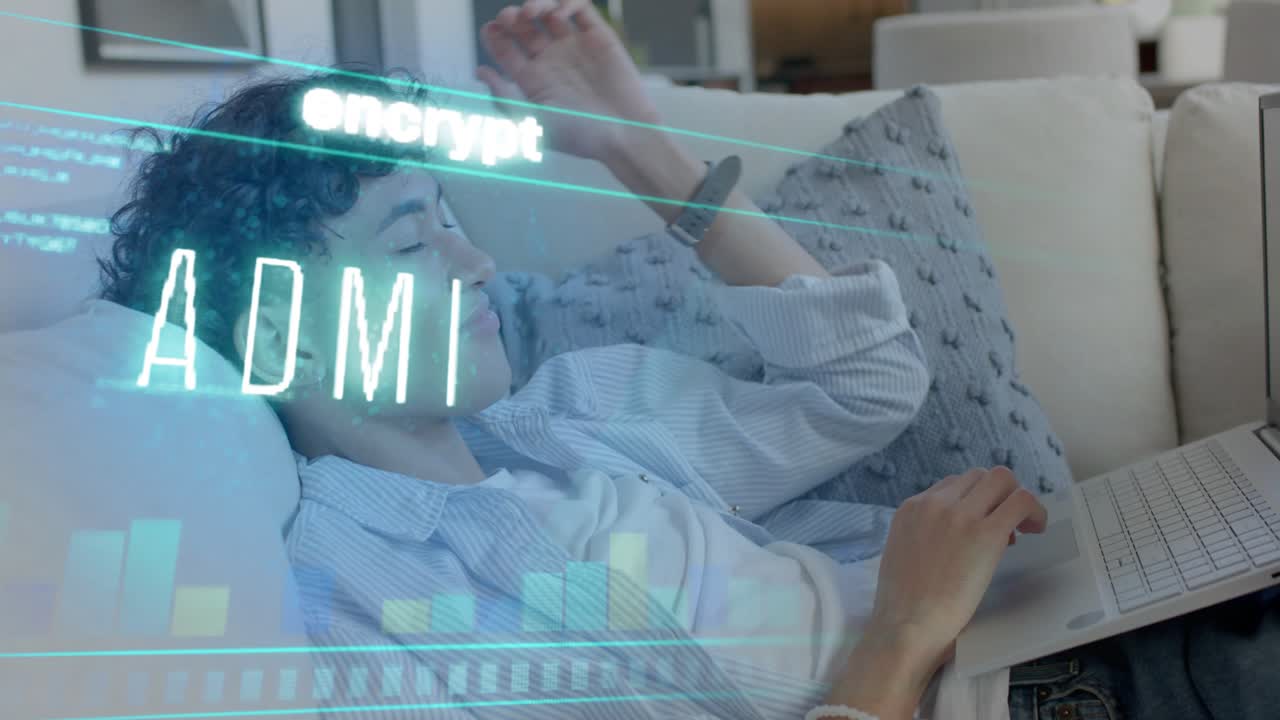 Man on couch using laptop, starting holo ADMIN overlay running secure sync, fading as he relaxing