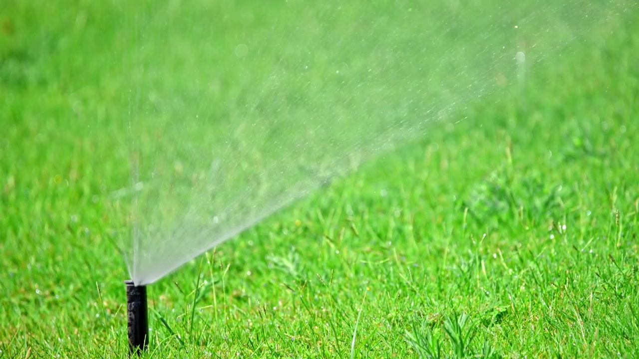 Sistema di irrigazione automatico che annaffia un prato verde rigoglioso