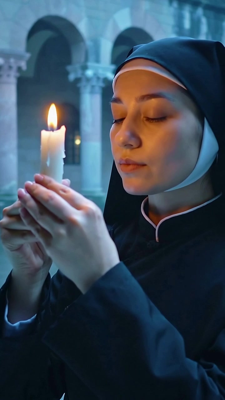 Vertical video: Cradling and raising nun in habit lifting white candle to face in cloister, praying