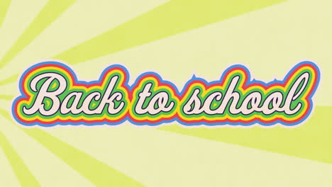 animation of back to school text in colourful letters on yellow background