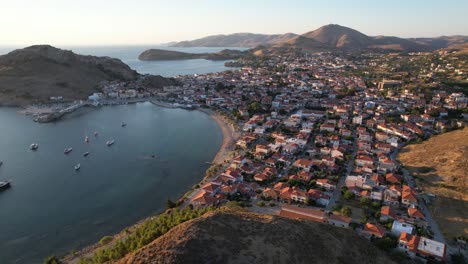 limnos island in aegean sea greece, aerial view of myrina beach and port, panoramic point of interest shot