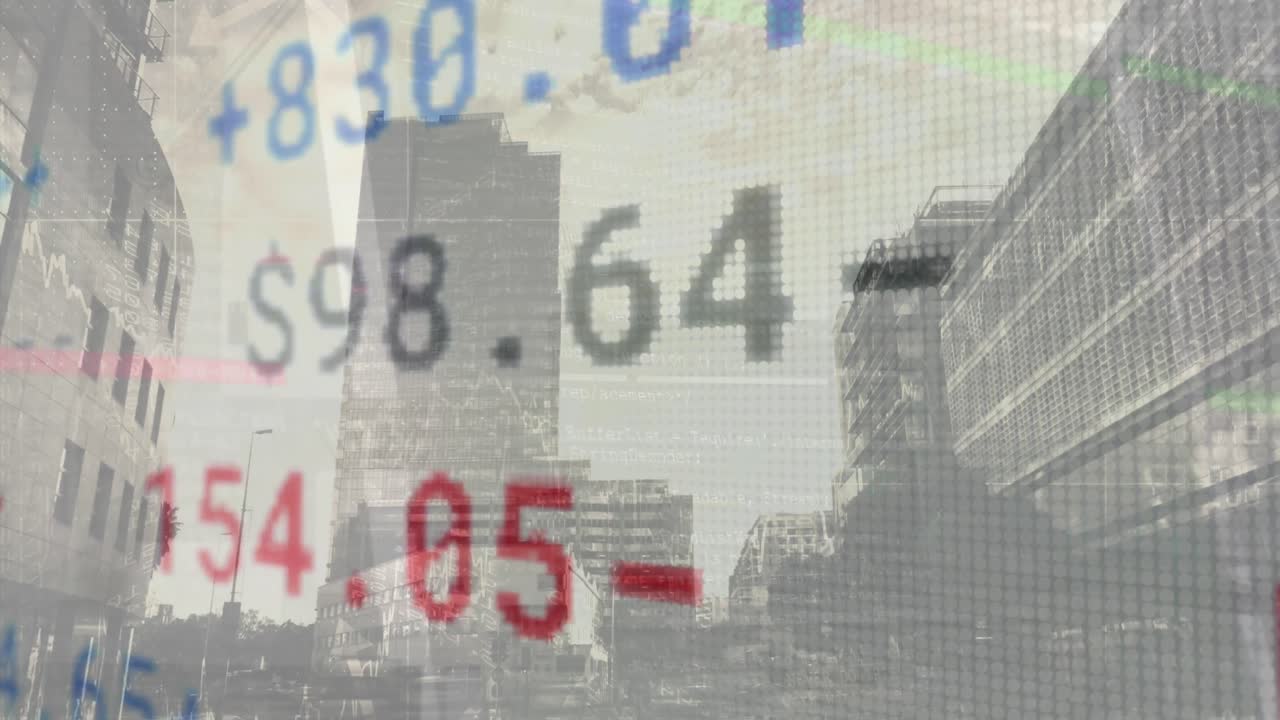 높은 건물의 시야에 대한 주식 시장 데이터 처리의 애니메이션