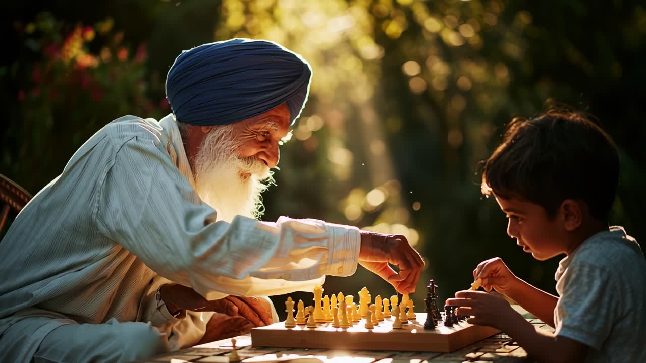 A Heartwarming Encounter: An Elderly Man Shares Life Lessons Through a Game of Chess with a Young Boy in a Serene Natural Setting, Highlighting Connection and Wisdom