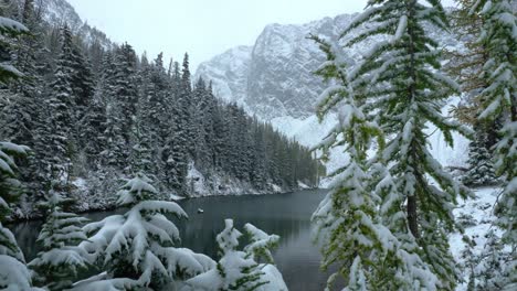 Peekaboo-Blick-Auf-Den-Hohen-Kaskadenbergsee,-Während-Es-Auf-Lärchen-Schneit