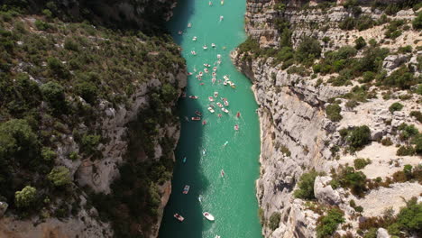 verdon gorge river canyon crowded summer day aerial tourist on kayak and leisure