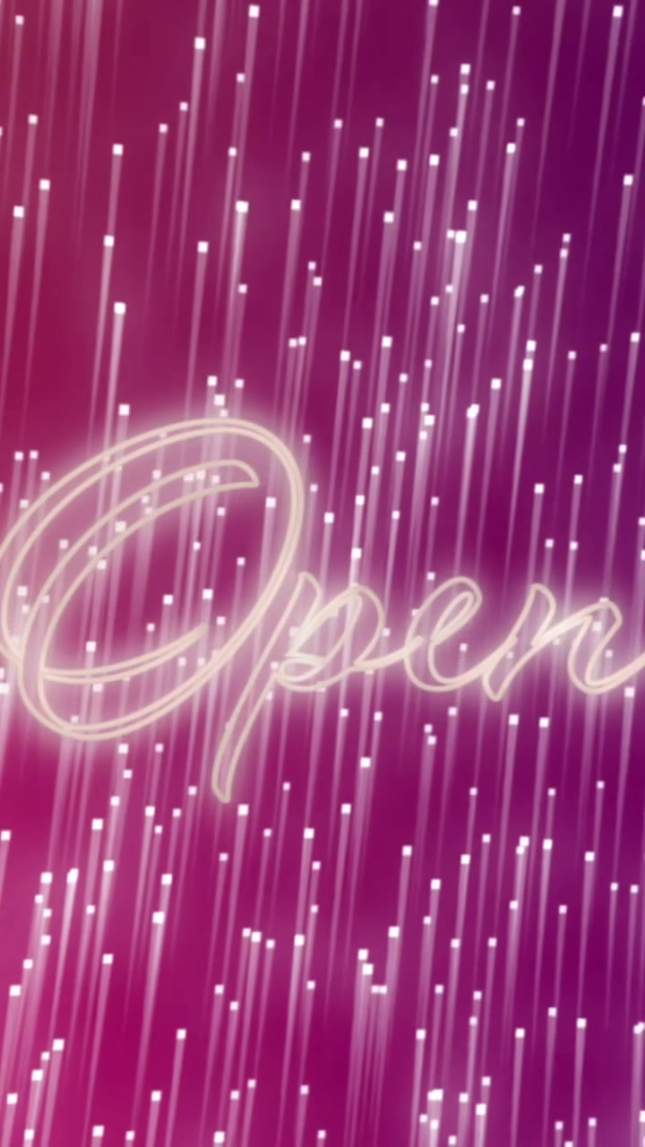 Animazione di testo, "aperto", al neon bianco, con scie luminose su sfondo rosa.