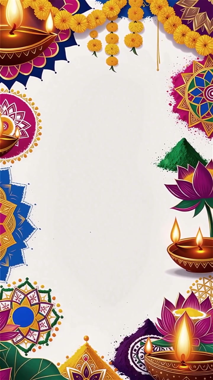 Sfondo Diwali con Diyas luminosi, Rangoli e fiori di loto