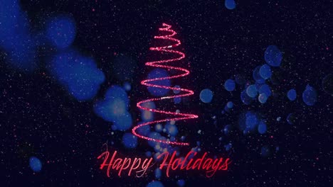 Animation-of-snow-falling-over-christmas-tree-with-happy-holidays-text-on-black-backrgound