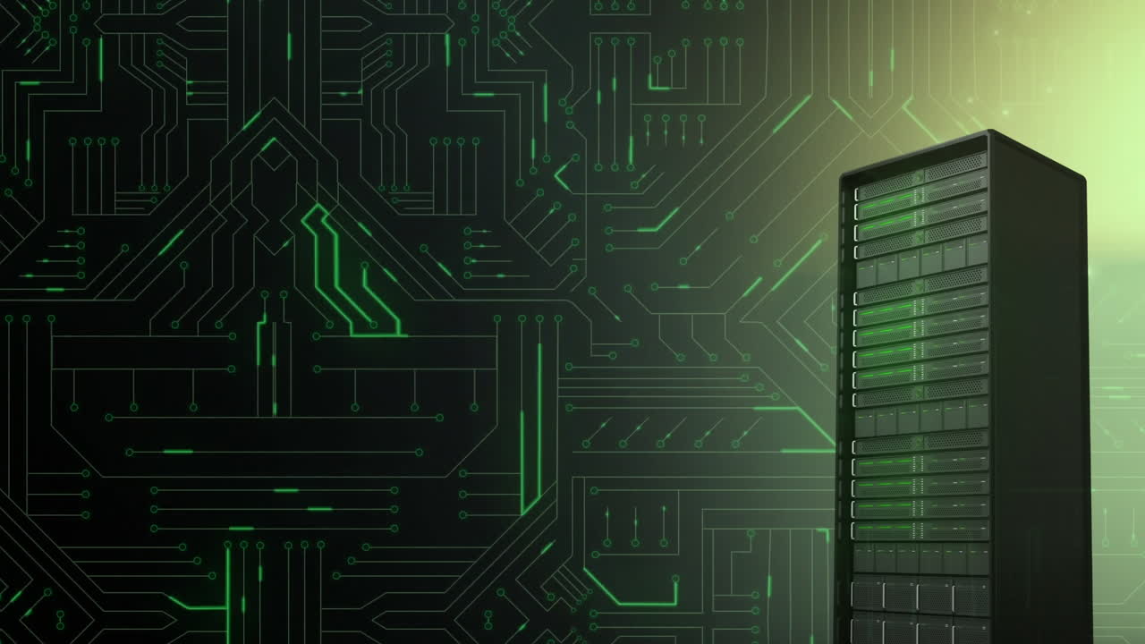 Mainframe computer and glowing green circuit board