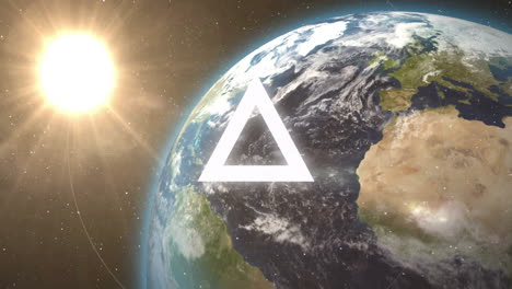 símbolo de triángulo y animación de marco circular sobre la tierra desde el espacio