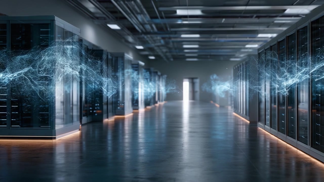 A High-Tech Data Center Interior Featuring Advanced Server Racks with Spectacular Energy Visualizations, Illuminating the Path to Cutting-Edge Digital Innovations