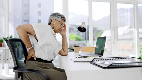 Dolor-De-Espalda,-Estrés-En-La-Oficina-Y-Mujer-De-Negocios