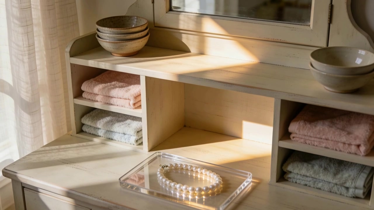 Streaming morning sunlight through sheer curtain crossing dresser in bedroom, lighting pearl tray