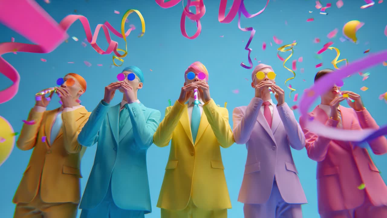 A vibrant celebration featuring five animated characters in colorful suits holding instruments, surrounded by confetti and colorful ribbons, creating a festive, joyful atmosphere that's perfect for any party