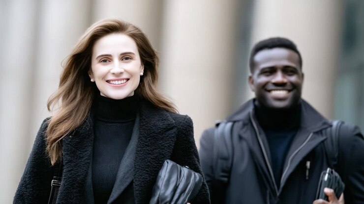 A Joyful Encounter: Two Smiling Friends Enjoying Each Other's Company in a Bright, Urban Setting with Fashionable Attire and Warm Expressions