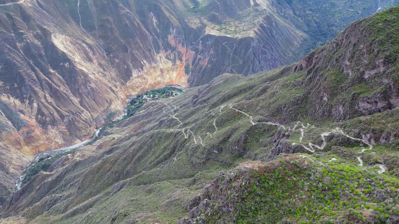 Aerial view far down into deep river valley to Sangalle Oasis in Peru
