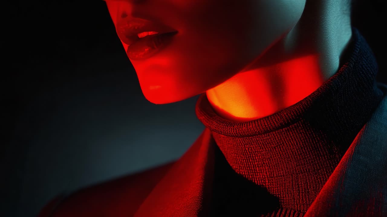 Ritratto Dinamico di una Modella Messo in Risalto da un'Illuminazione Rossa Accattivante, Che Sottolinea l'Eleganza e la Moda Moderna Attraverso Dettagli Sottili e Texture Ricche