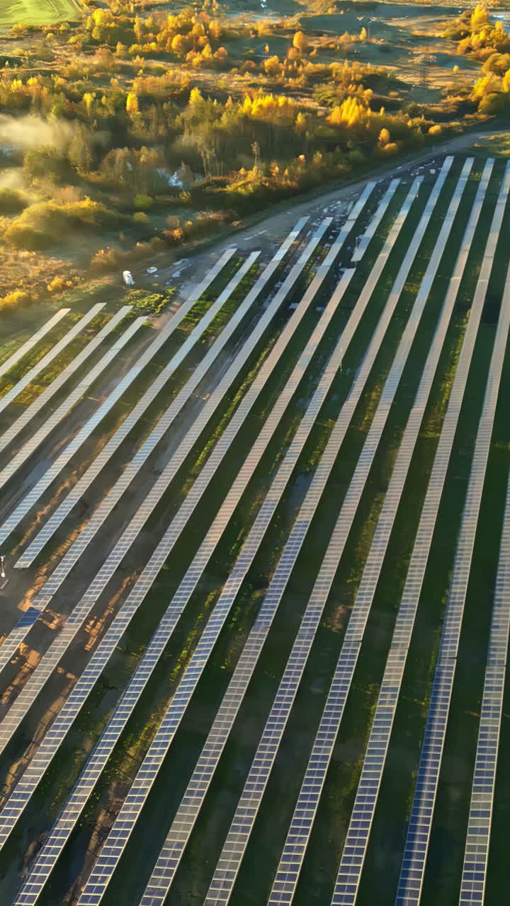 Aerial drone overview of solar panel field in the warm morning sunlight