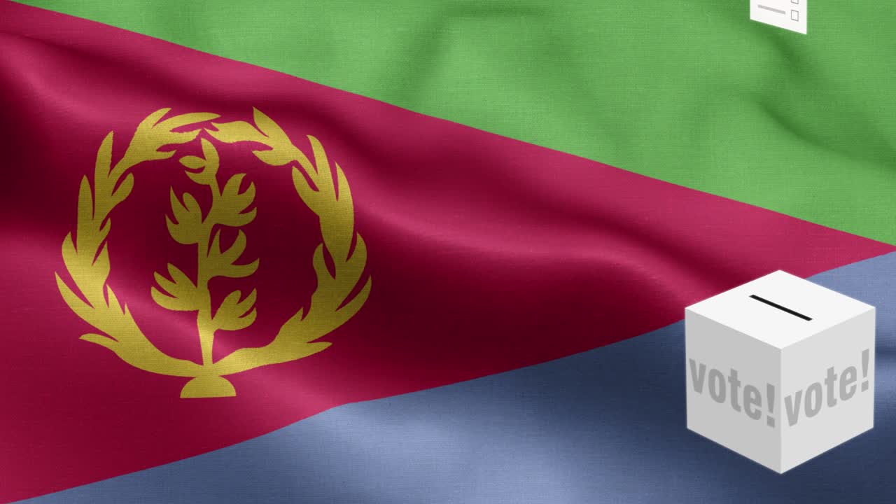 발 앞에 있는 투표용지 - 에리트레아 선택을 위해 투표용지가 박스에 날아갑니다 - 선거 - 투표 - 에리테리아의 발 - 에리트리아 발 높은 세부 사항 - 국가 발 에리트레이아 파동 패턴 루프 가능한 요소 - 직물 질감과 끝없는 루프