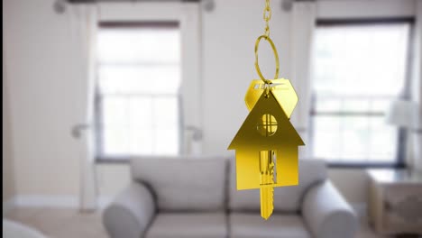 Animation-of-key-with-house-keychain-over-interior-of-living-room