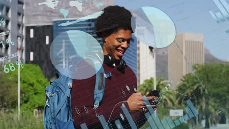 animation of data processing over african american man using smartphone