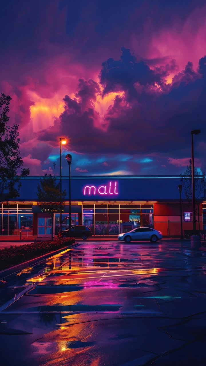 Carro Passando por um Shopping ao Pôr do Sol com Nuvens Dramáticas