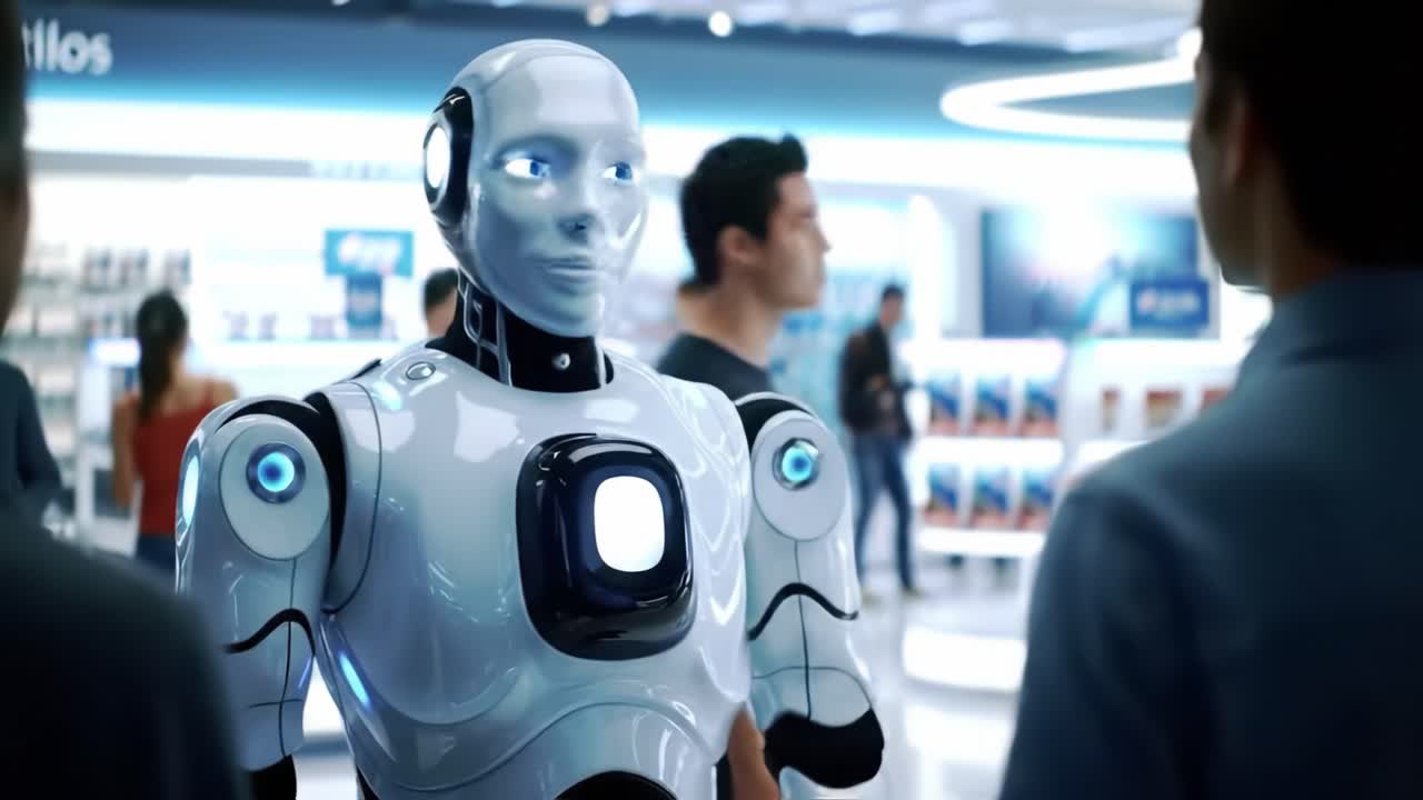 In a modern tech store, a humanoid robot engages with customers, showcasing its capabilities and offering assistance. Shoppers are intrigued as they inquire about the robot's functions.