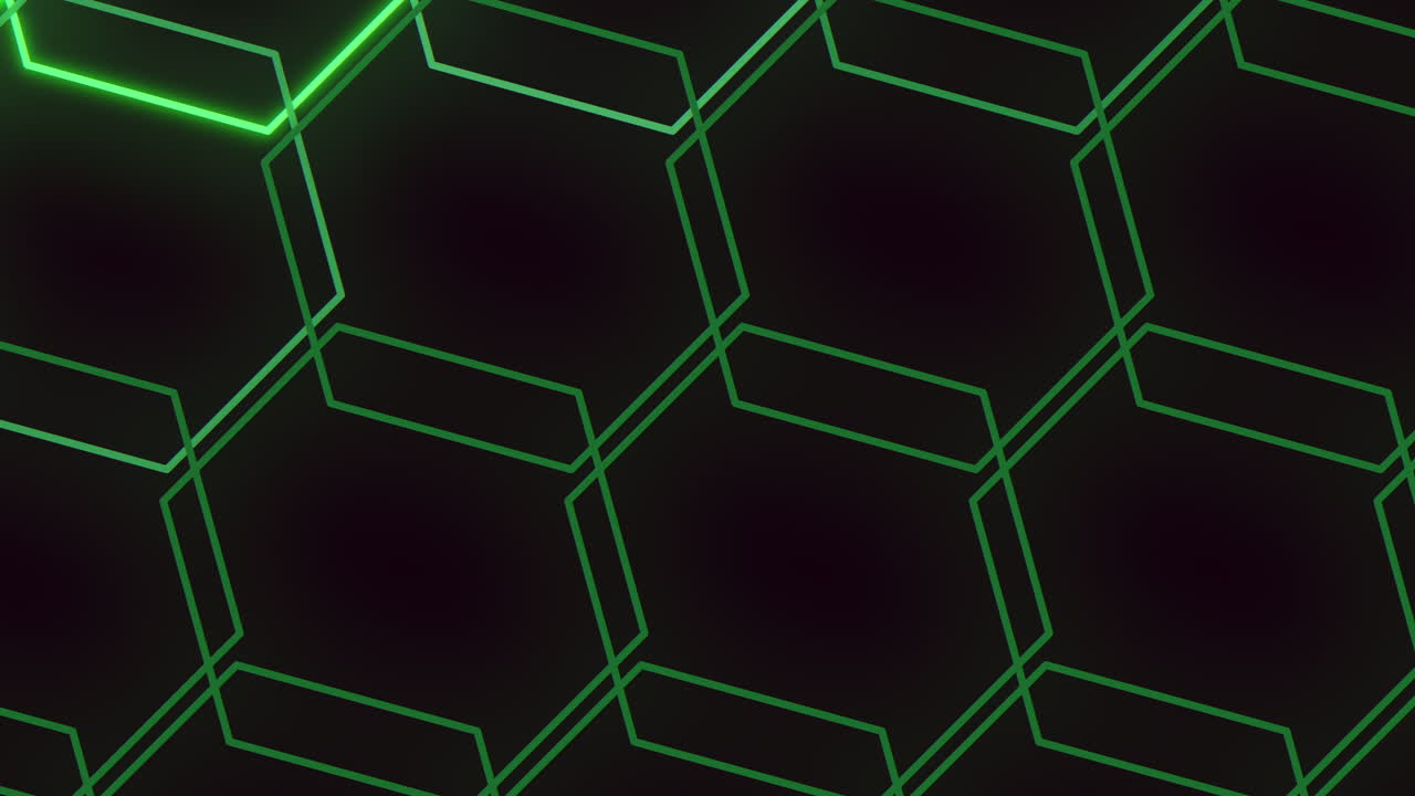 The image shows a futuristic hexagonal pattern with interconnected glowing green lines made up of small squares and rectangles, creating a visually striking and modern design