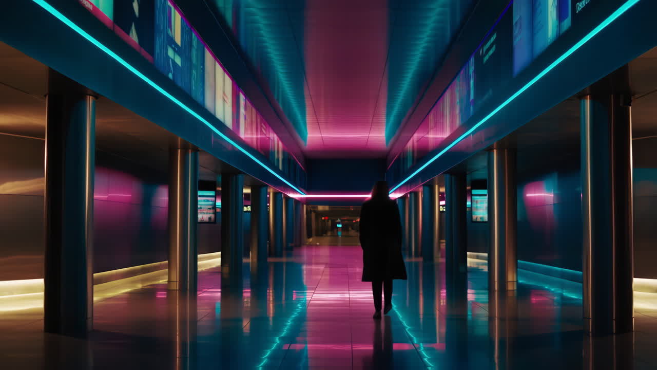 Persona che cammina attraverso un corridoio futuristico illuminato al neon
