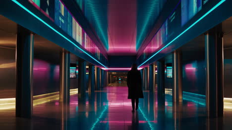 person walking through a futuristic neon-lit hallway