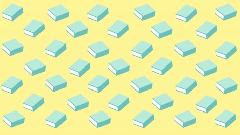 animación digital de múltiples iconos de libros verdes flotando contra un fondo amarillo