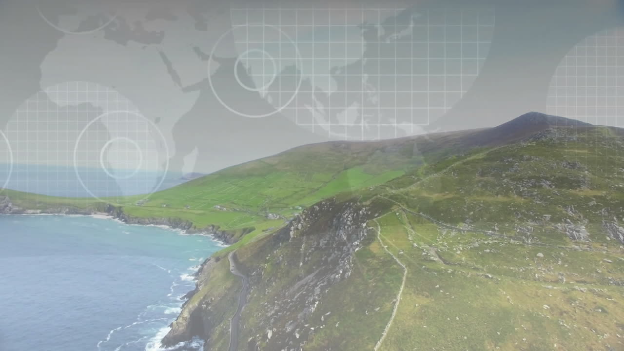 3D render showing winding cliff road hugging grassy rocky hillside under radar grid overlay