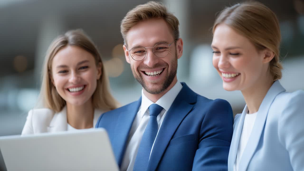 A group of three well-dressed professionals sharing a joyful moment while analyzing data on a laptop, showcasing collaboration and teamwork in a modern setting