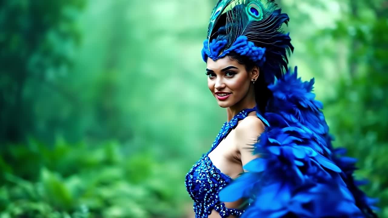 женщина в синем платье с перьем павлова на голове