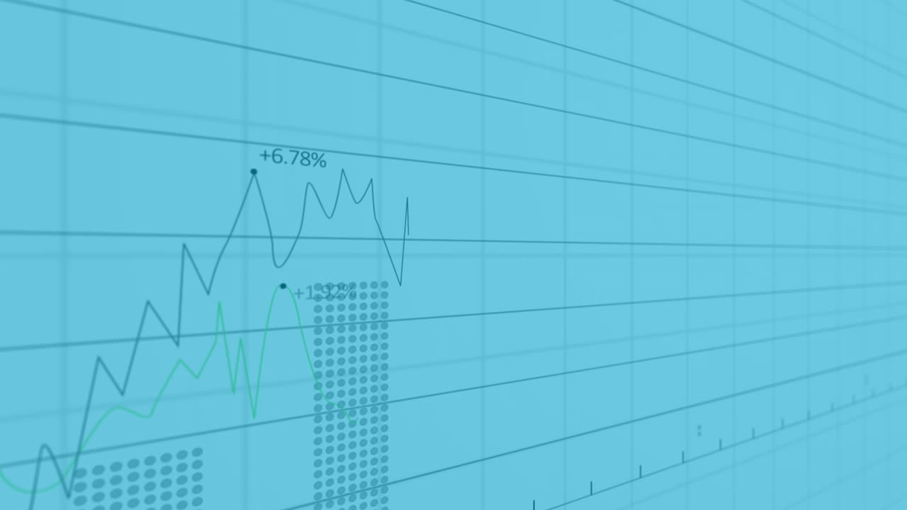 추상적인 배경 위에 변하는 숫자와 그리드 패턴을 가진 여러 그래프의 애니메이션