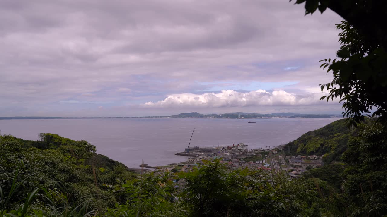 hermosa vista sobre la ciudad portuaria y el océano entre árboles densos en un día nublado - toma amplia