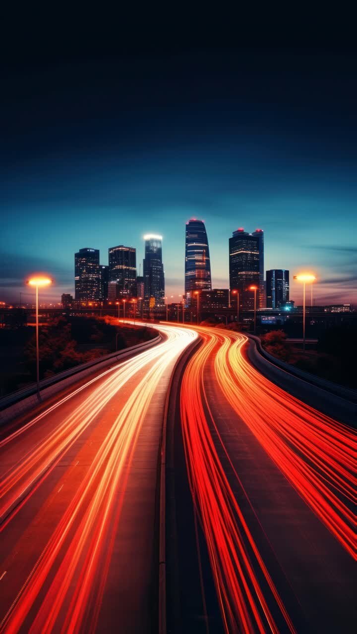 Vista aerea dello skyline di una città di notte con scie luminose su un'autostrada, per creare un effetto dinamico