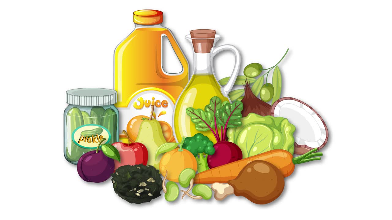 Various raw vegetables, fruits, oils, and juices assemble smoothly on a clean white background
