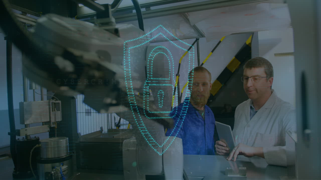 animación de candados y procesamiento de datos sobre ingenieros caucásicos masculinos