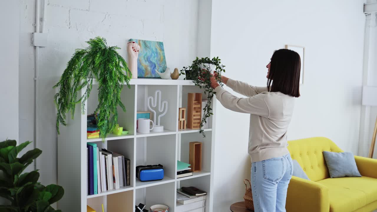 Young Woman Decorating Her Modern Living Room with a Potted Plant