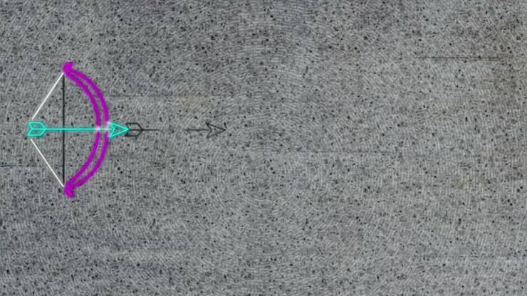 Animation of neon bow with arrow and shapes on gray background