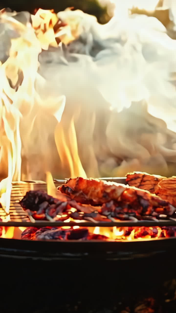 A fire is burning in a metal grill on a grassy lawn. The scene is peaceful and relaxing Vertical video