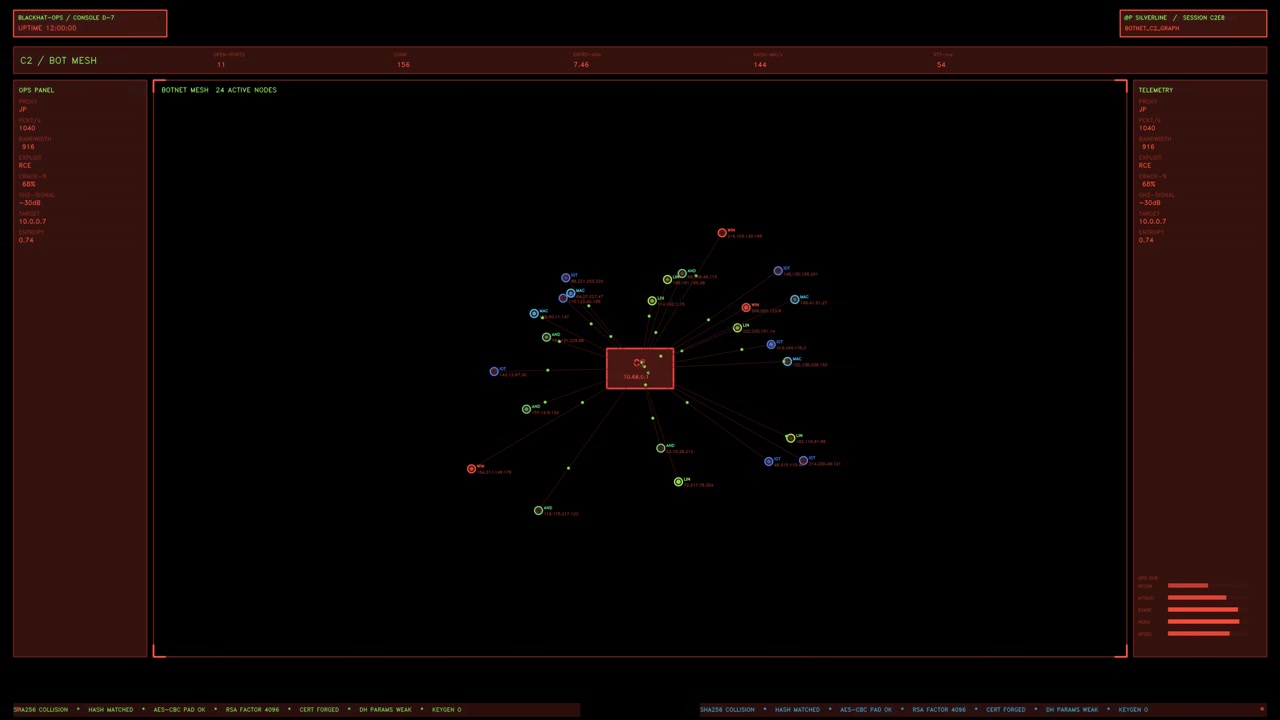 A red cybersecurity botnet mesh interface element displaying active network nodes, IP addresses, and data telemetry. Loops seamlessly with transparent alpha channel for compositing
