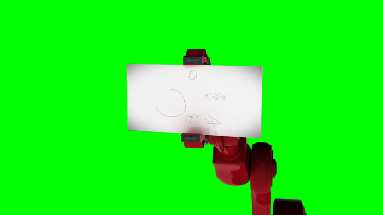 Video generato digitalmente di un braccio robotico rosso che tiene una carta con una formula matematica