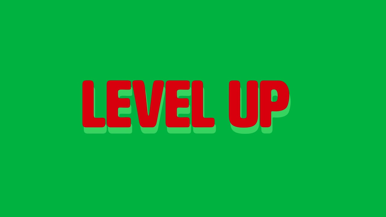 Animasi teks 'level up' dalam huruf merah dan hijau dengan bentuk abstrak di latar belakang putih