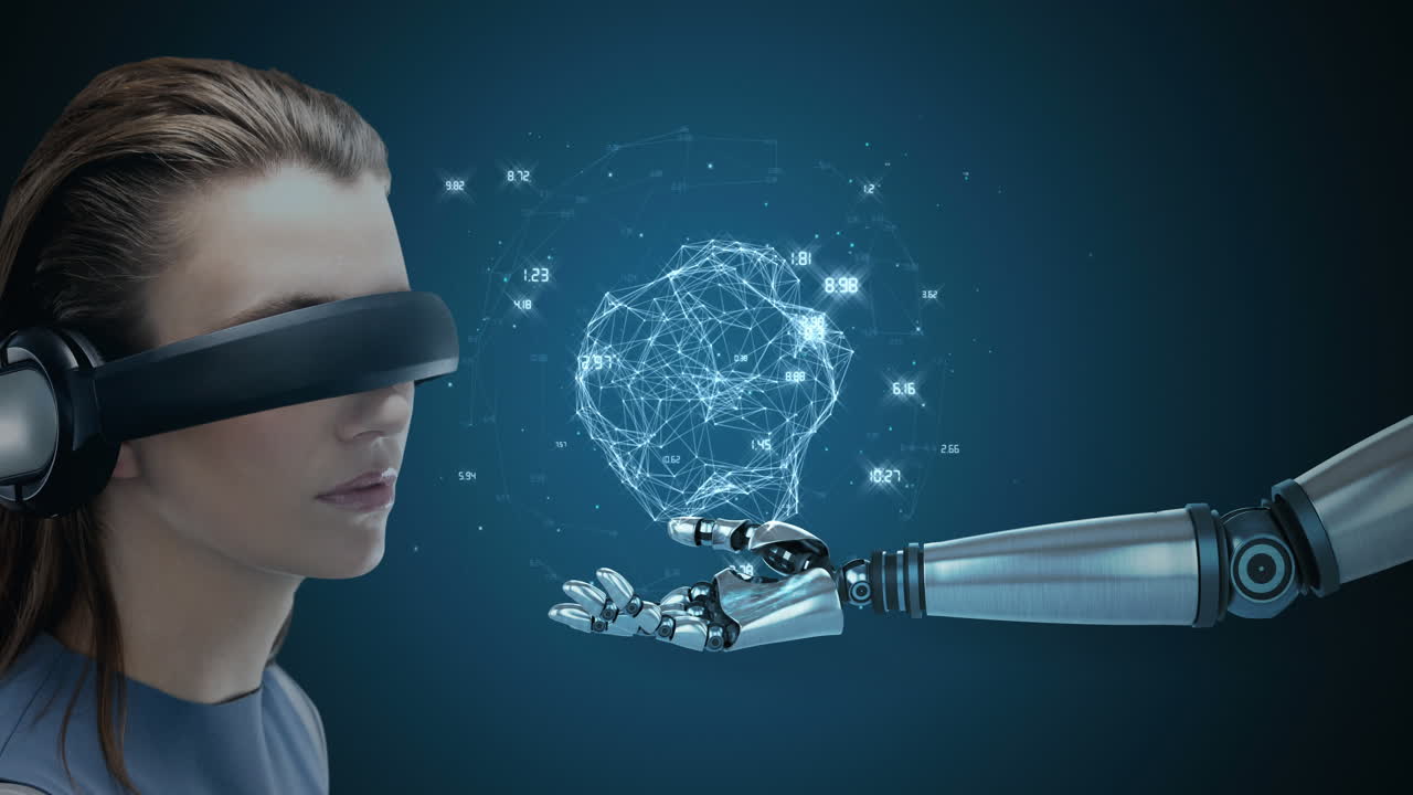 una mujer con auriculares vr interactuando con una mano robótica a través de una red digital