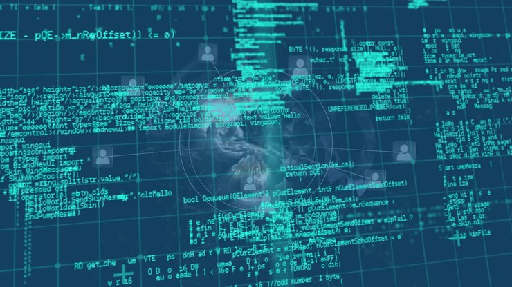Animation of icons around globe, grid pattern and computer language over abstract background